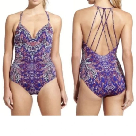 Athleta Swim Aqualuxe One Piece Swimsuit Purple Paradise Print Women’s Small - Picture 1 of 11